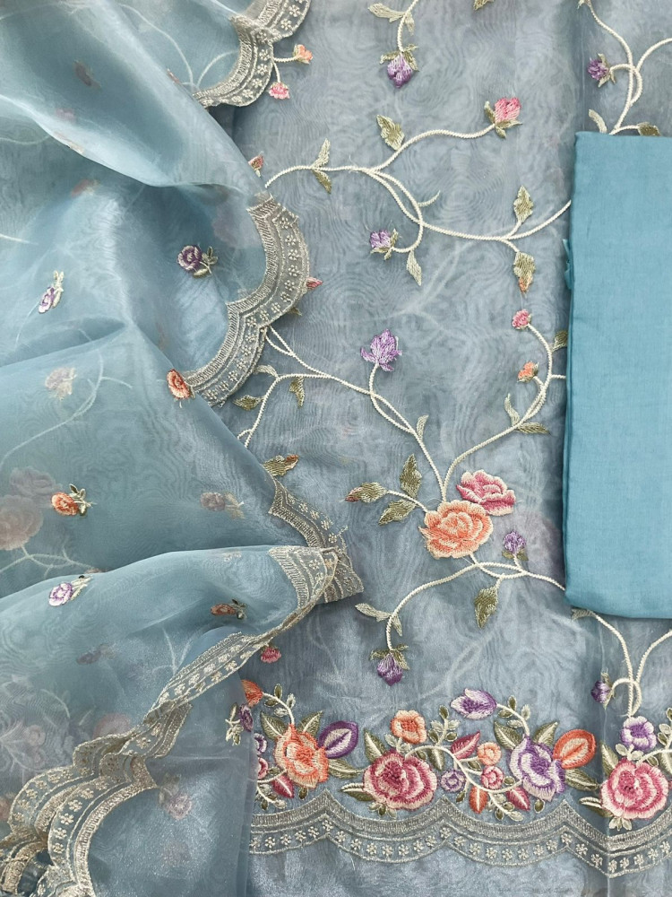 Image of Soft Tissue Shimmer Silk Embroidered Suit - Blue