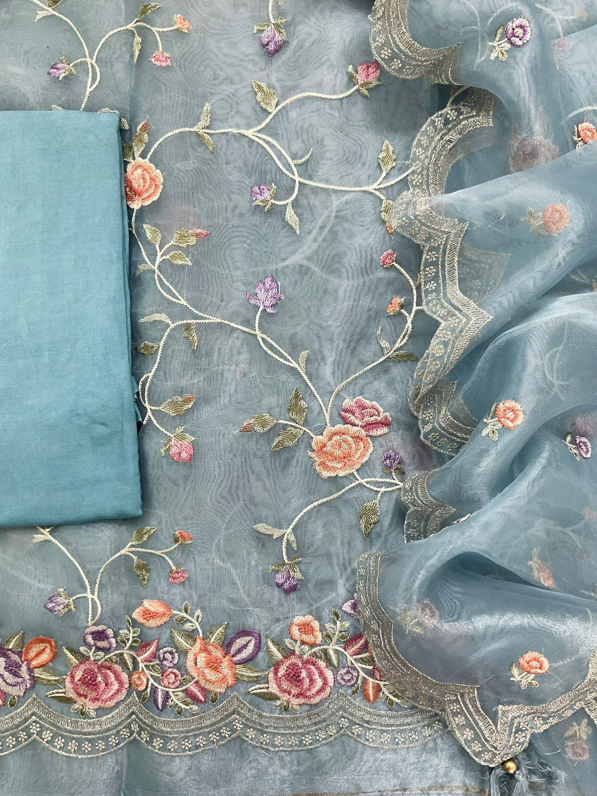 Soft Tissue Shimmer Silk Embroidered Suit - Blue