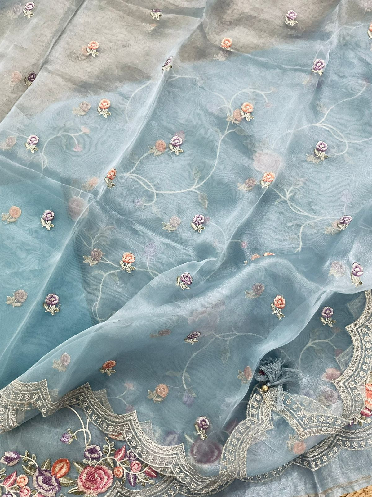 Soft Tissue Shimmer Silk Embroidered Suit - Blue