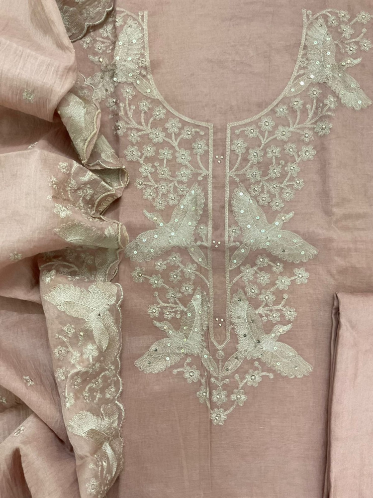 Image of Soft Slub Chanderi Embroidered Suit - Beigish Peach