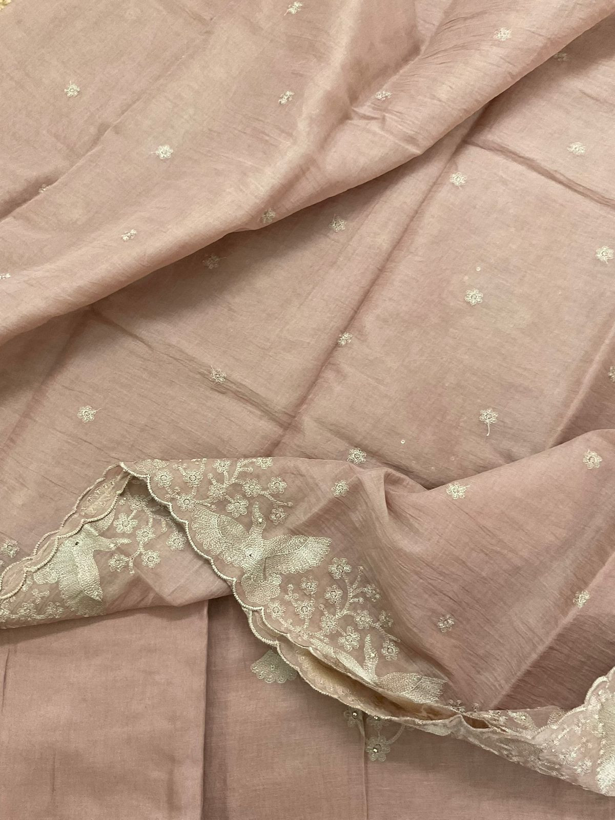 Soft Slub Chanderi Embroidered Suit - Beigish Peach