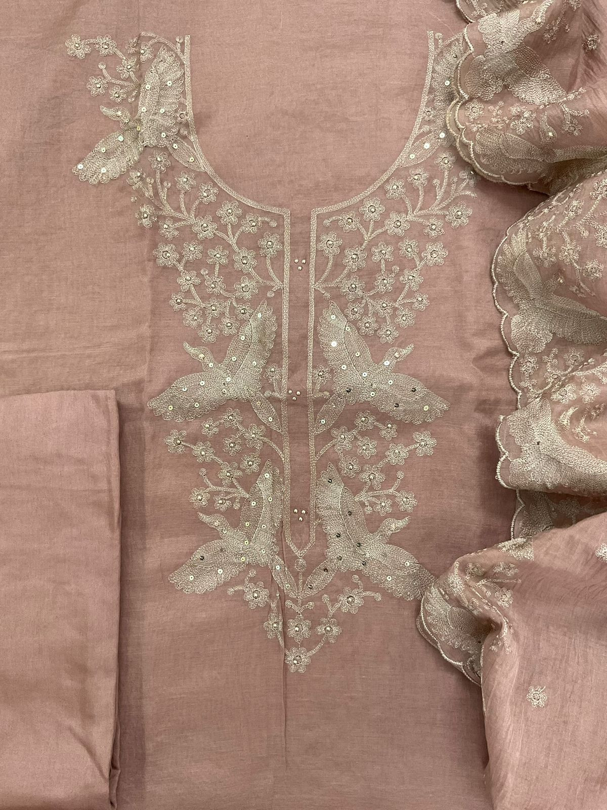 Soft Slub Chanderi Embroidered Suit - Beigish Peach