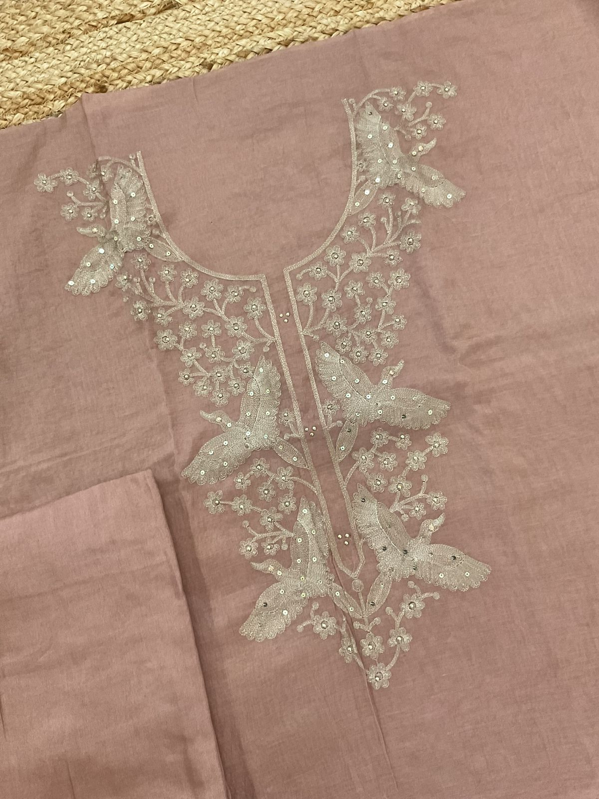 Soft Slub Chanderi Embroidered Suit - Beigish Peach