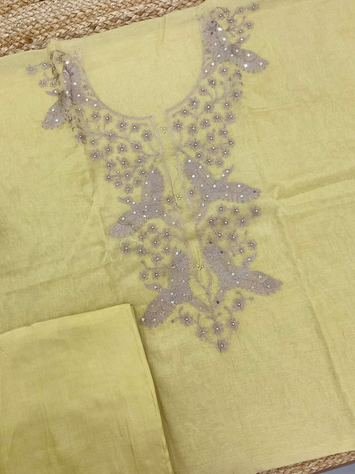 Soft Slub Chanderi Embroidered Suit - Yellow