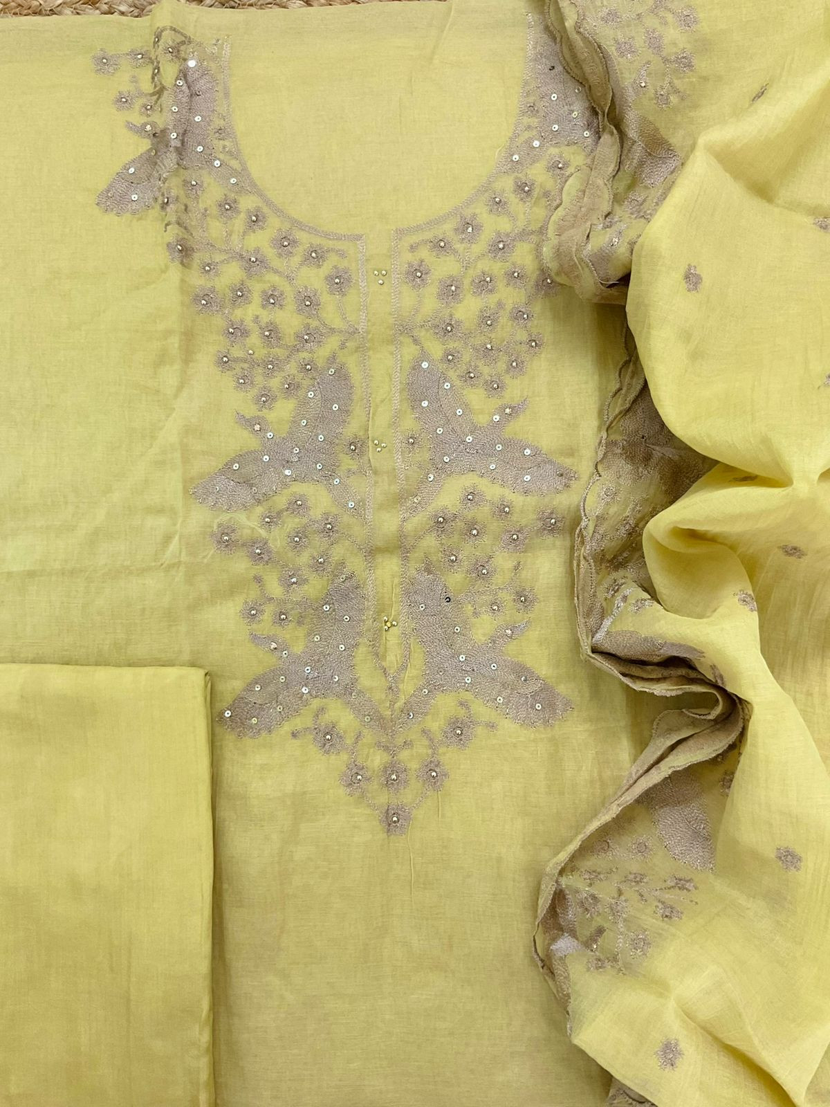 Soft Slub Chanderi Embroidered Suit - Yellow