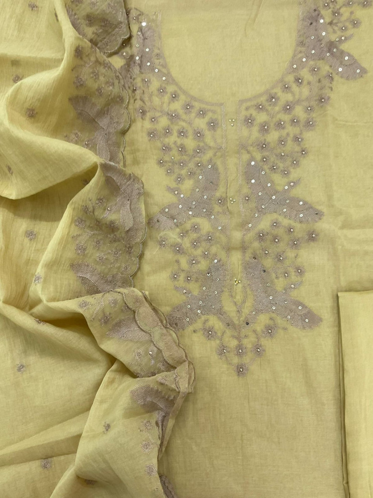 Image of Soft Slub Chanderi Embroidered Suit - Yellow