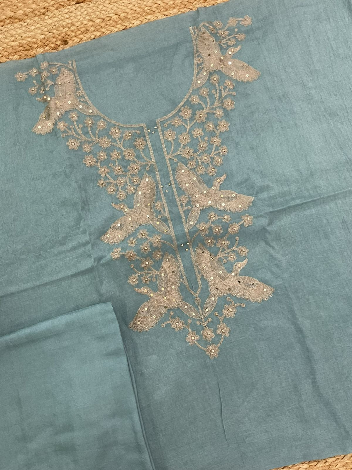 Soft Slub Chanderi Embroidered Suit - Blue