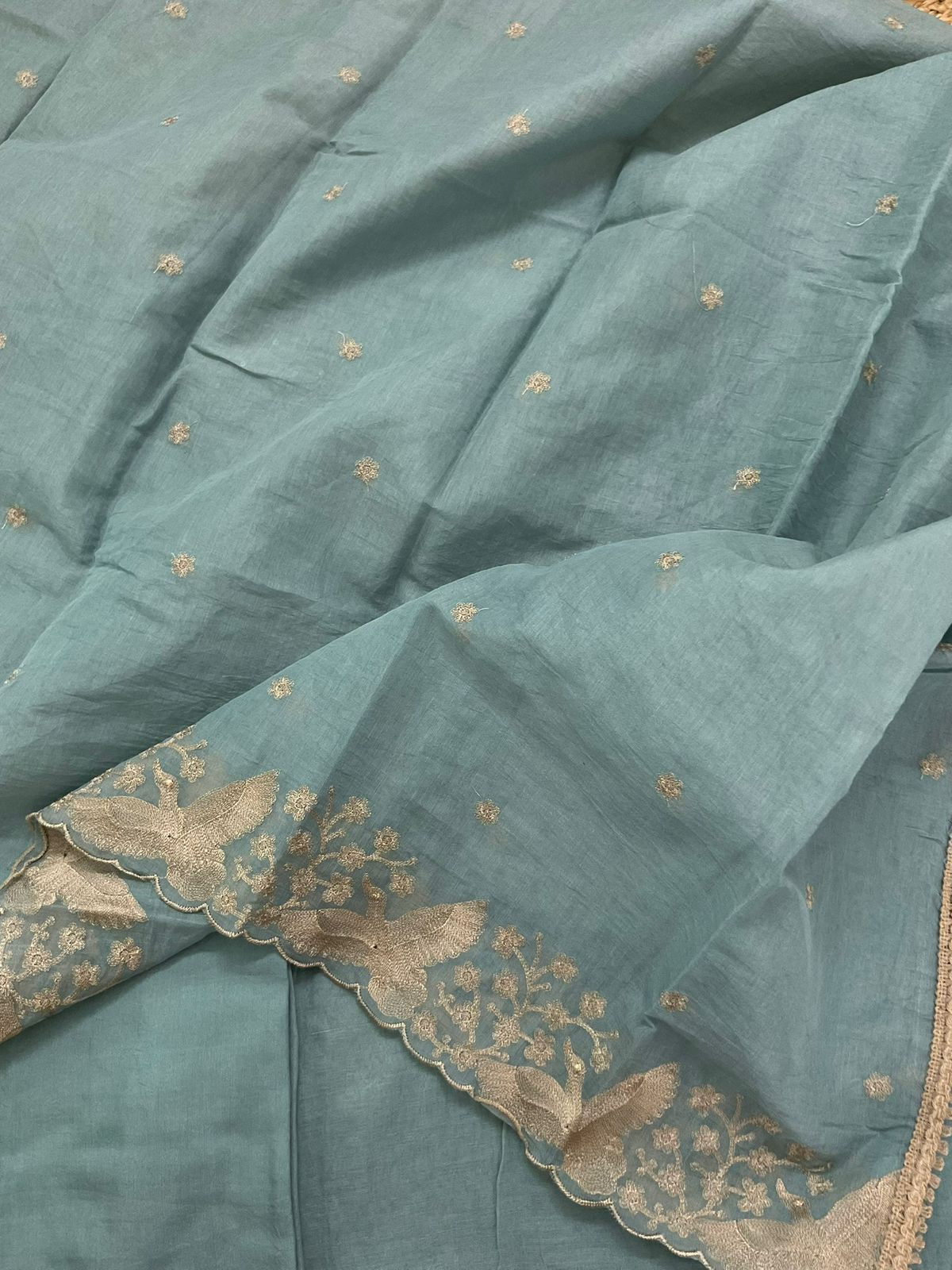 Soft Slub Chanderi Embroidered Suit - Blue