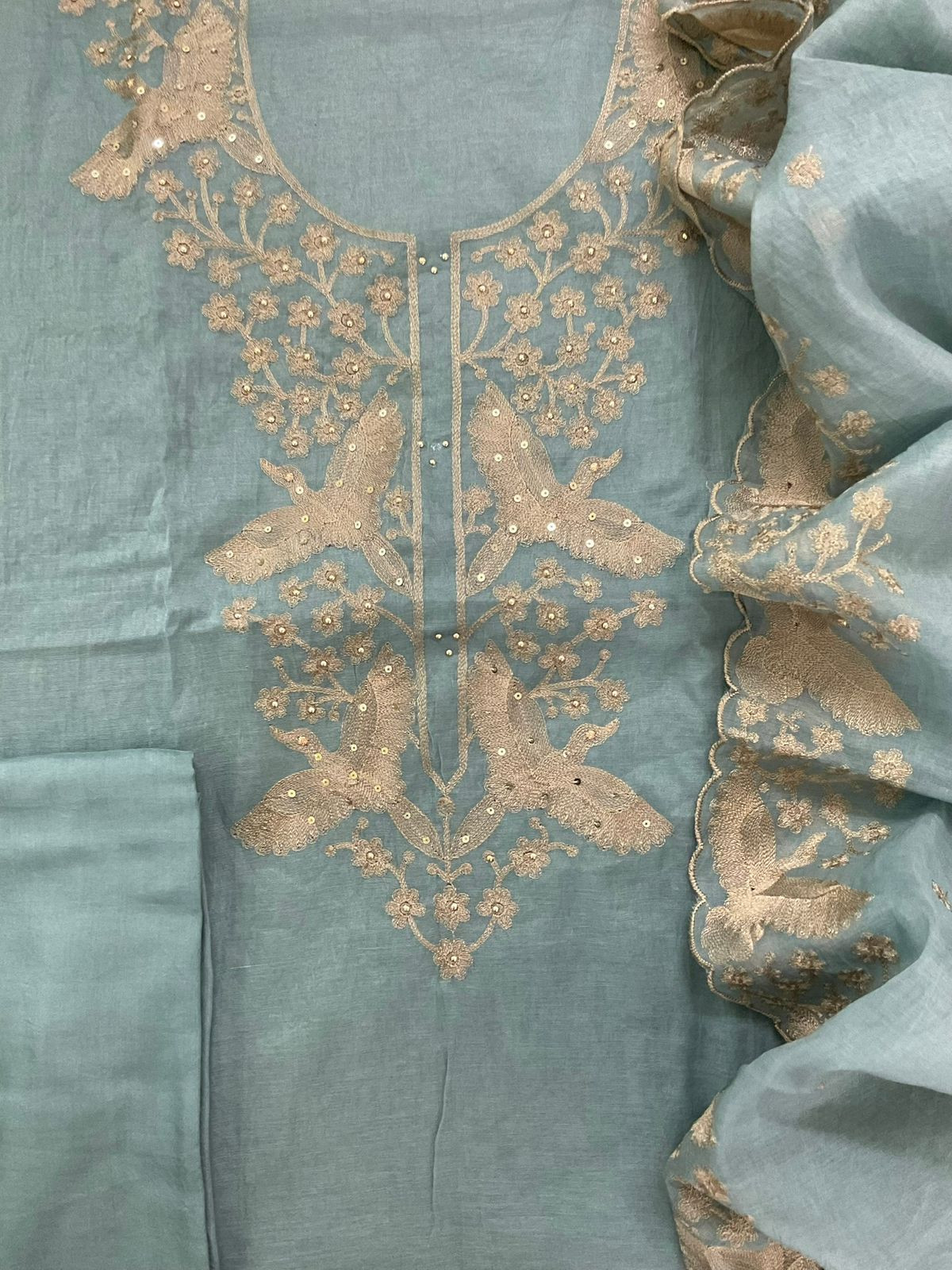 Soft Slub Chanderi Embroidered Suit - Blue