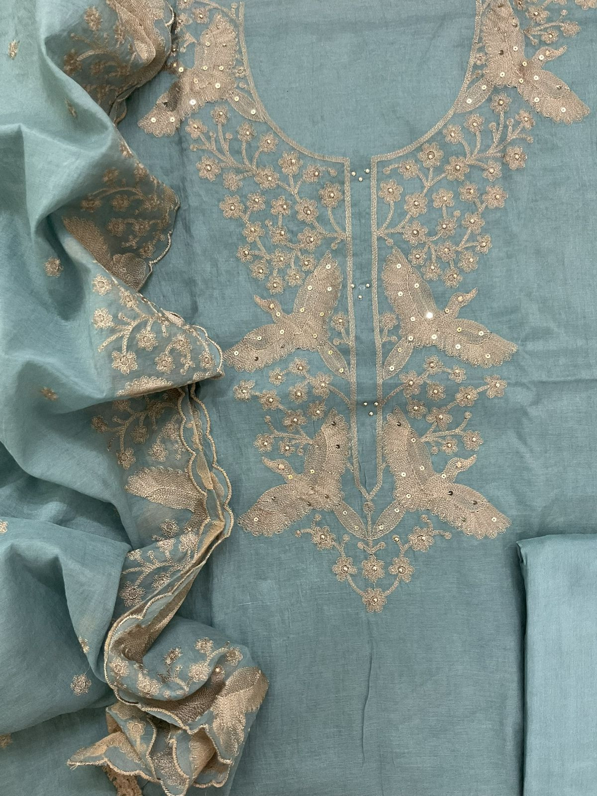 Soft Slub Chanderi Embroidered Suit - Blue