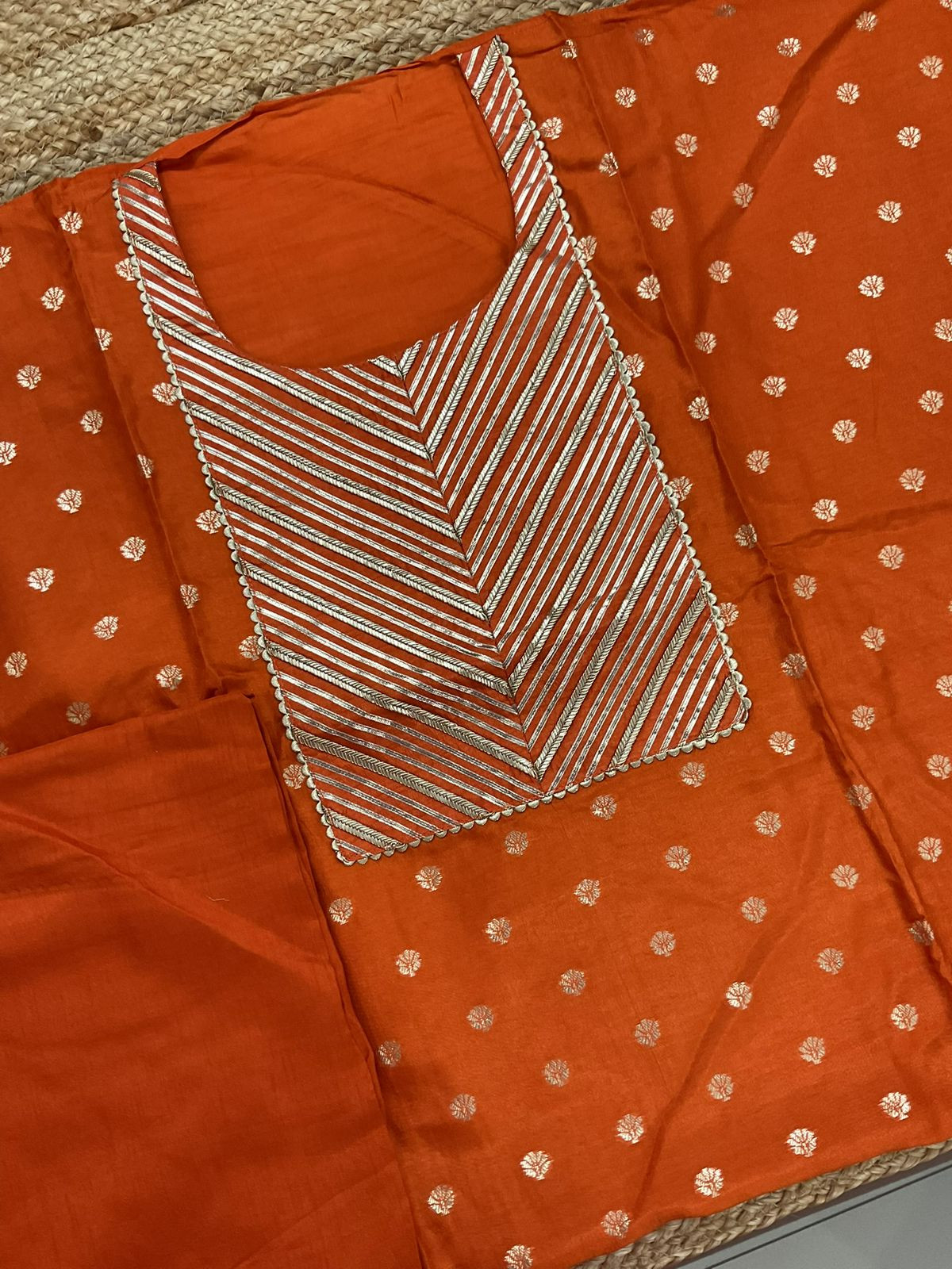 Pure Upada Silk Banarasi Weaved Embroidered Suit - Orange