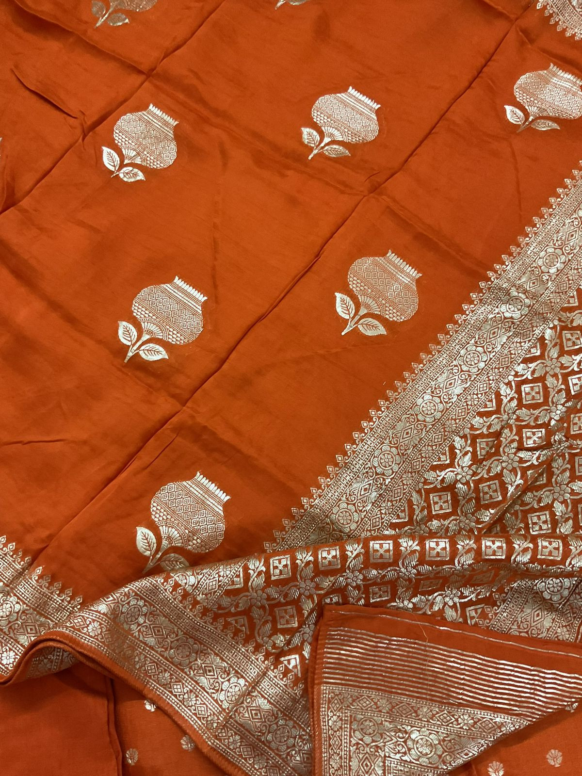 Pure Upada Silk Banarasi Weaved Embroidered Suit - Orange