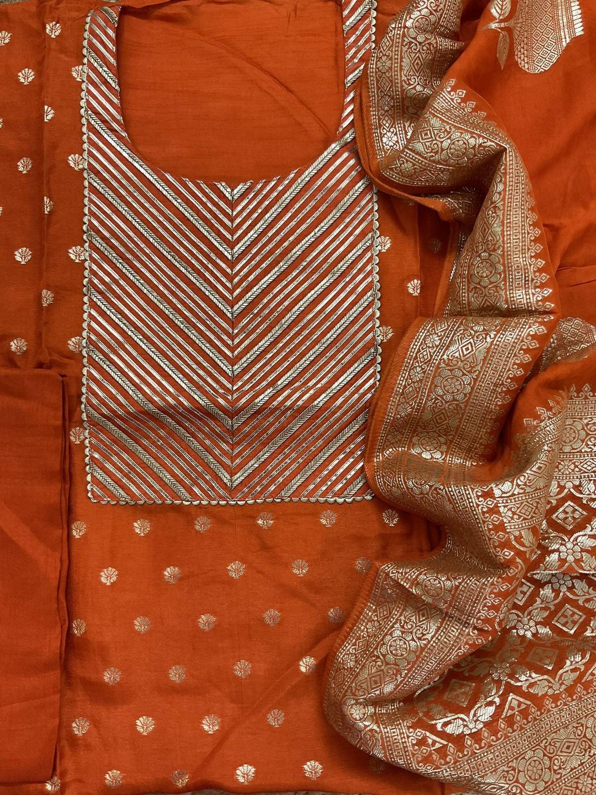 Pure Upada Silk Banarasi Weaved Embroidered Suit - Orange
