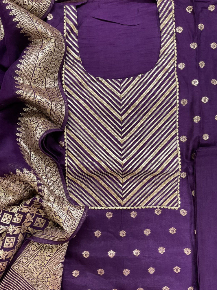 Image of Pure Upada Silk Banarasi Weaved Embroidered Suit - Violet