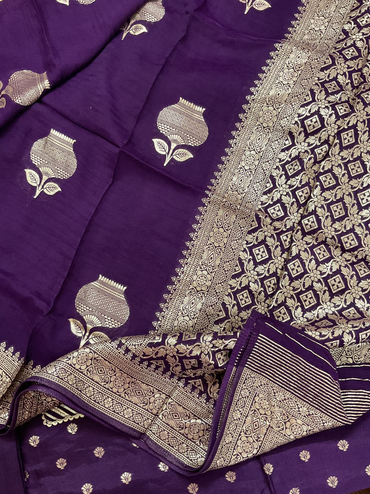 Pure Upada Silk Banarasi Weaved Embroidered Suit - Violet