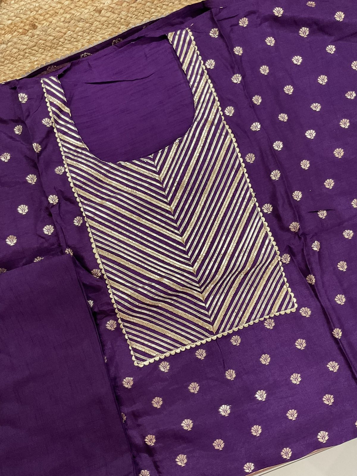 Pure Upada Silk Banarasi Weaved Embroidered Suit - Violet