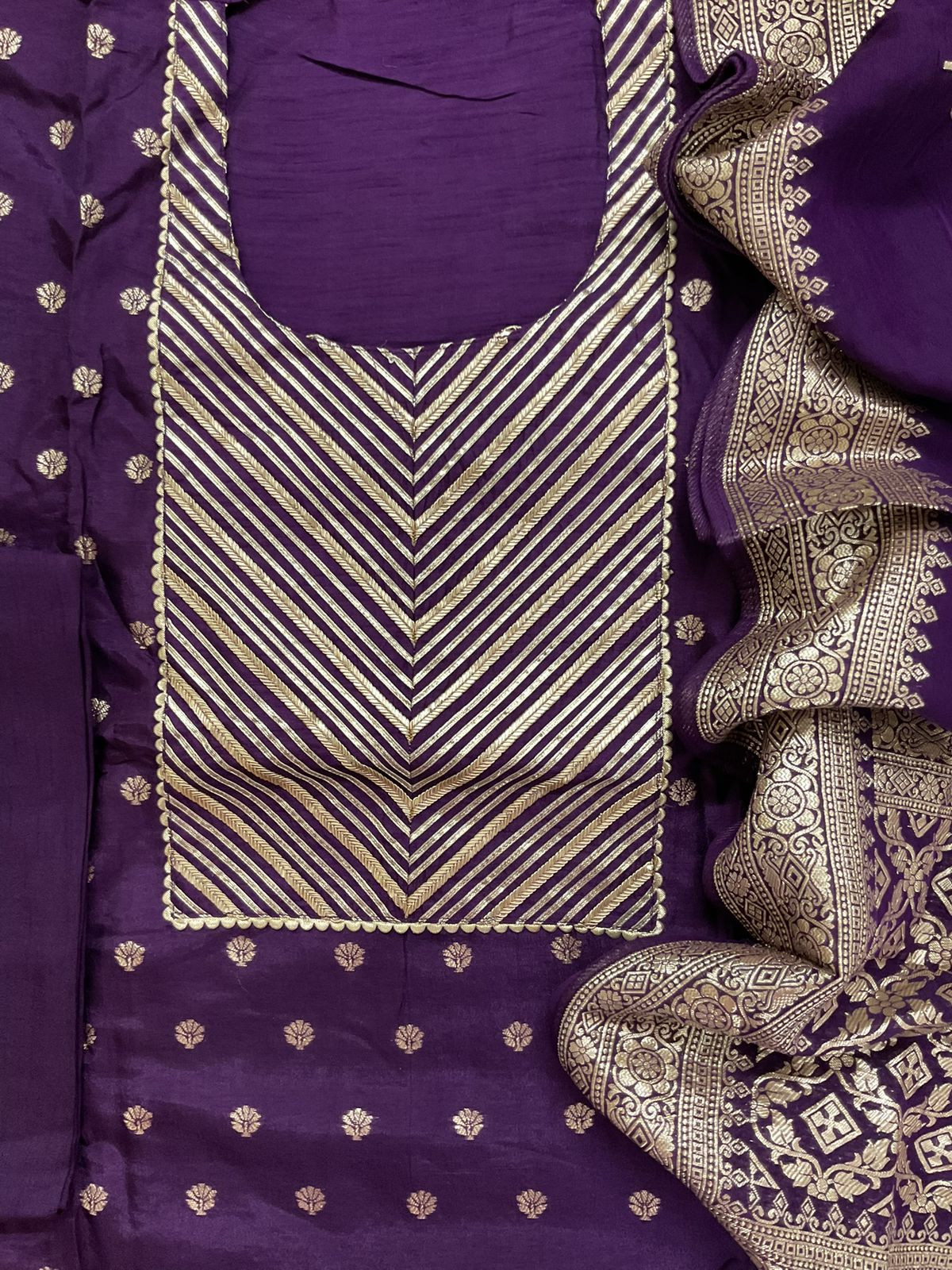 Pure Upada Silk Banarasi Weaved Embroidered Suit - Violet