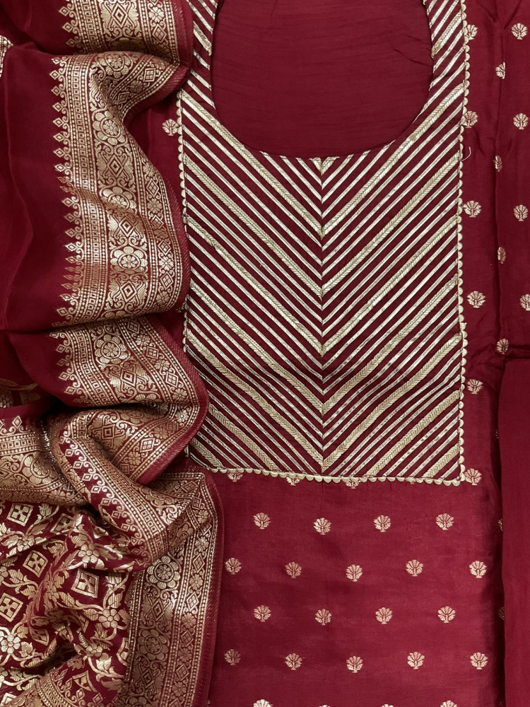 Image of Pure Upada Silk Banarasi Weaved Embroidered Suit - Maroon