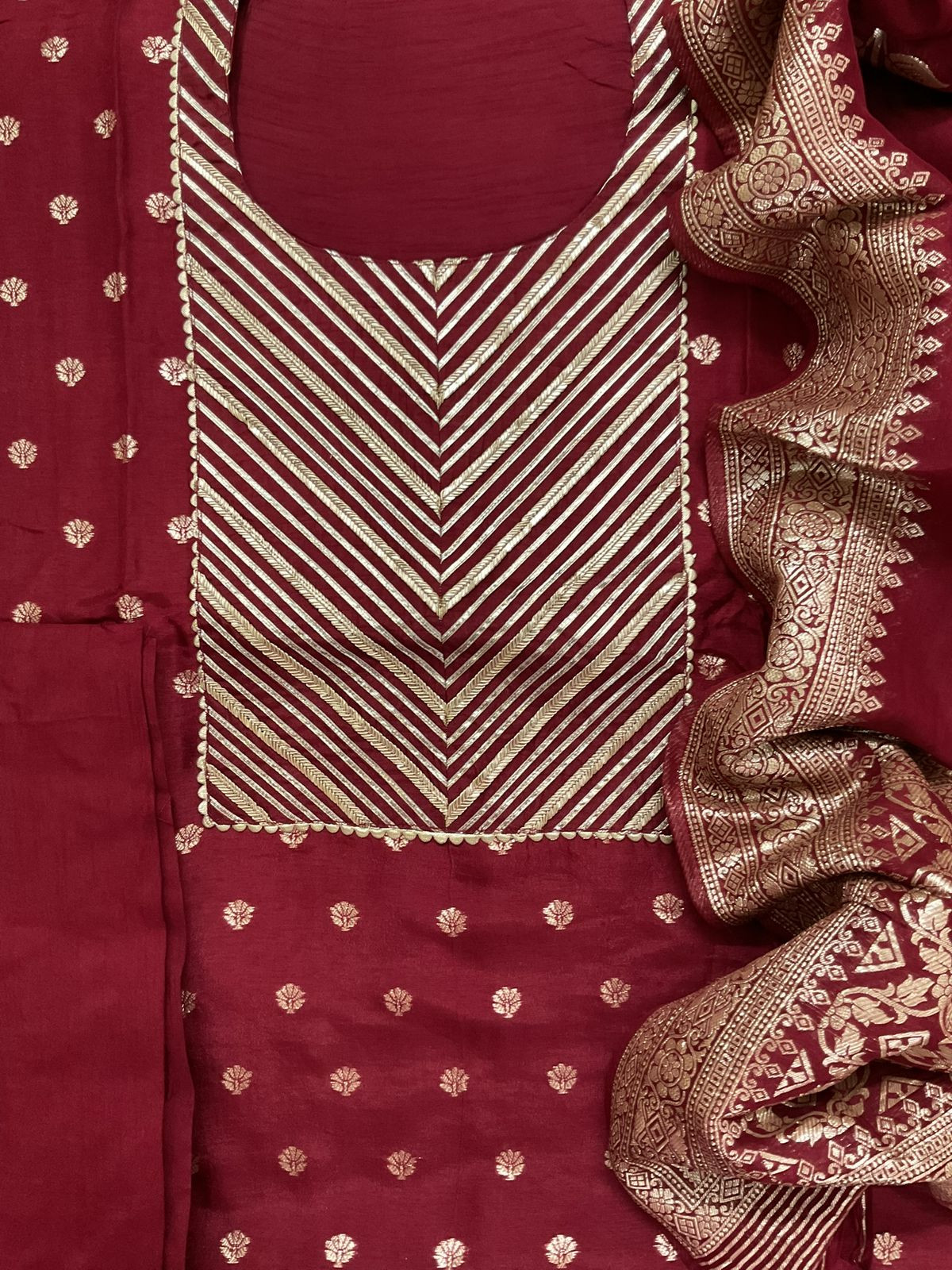 Pure Upada Silk Banarasi Weaved Embroidered Suit - Maroon