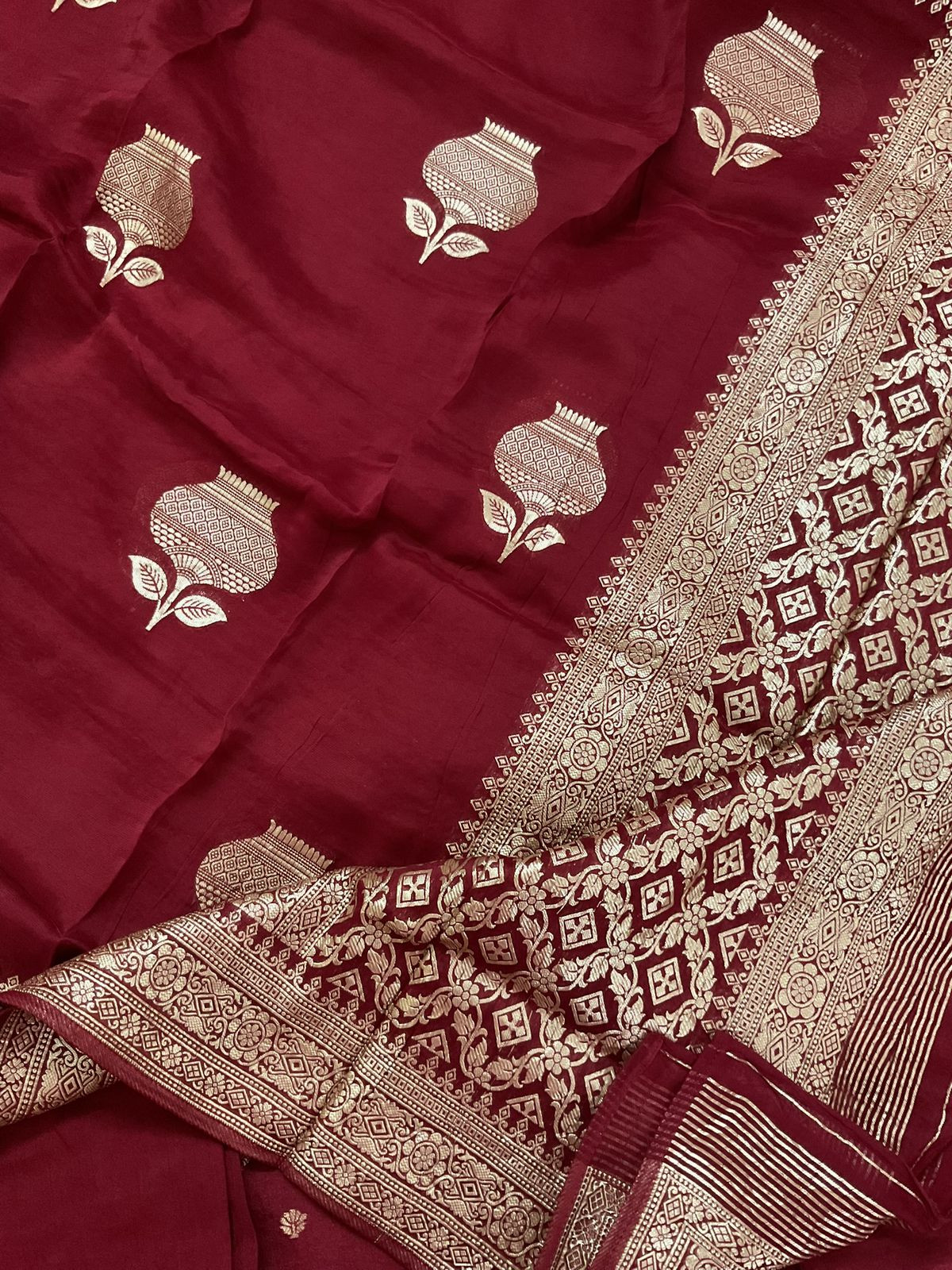 Pure Upada Silk Banarasi Weaved Embroidered Suit - Maroon