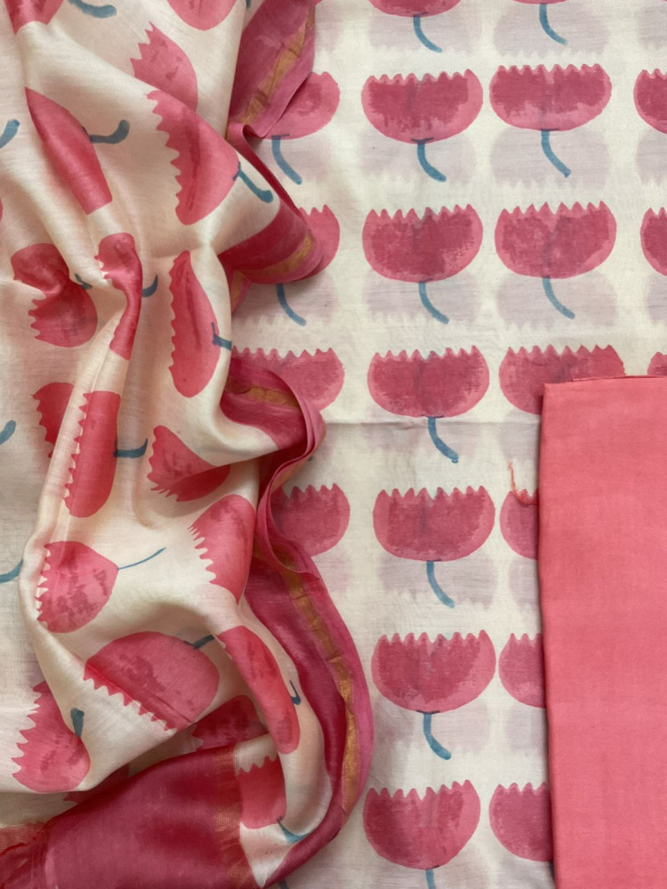 Image of Pure Chanderi Printed Suit - Cream