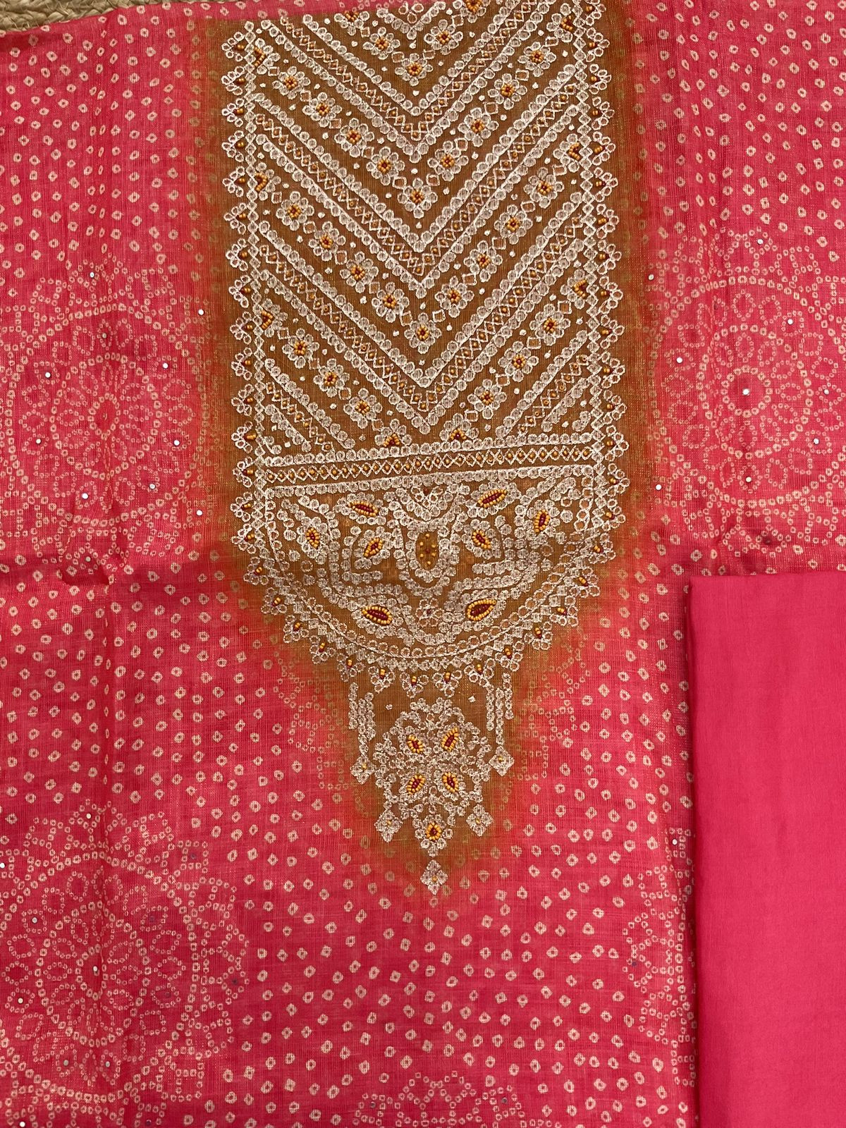 Soft Tissue Slub Cotton Printed Embroidered Suit - Peach