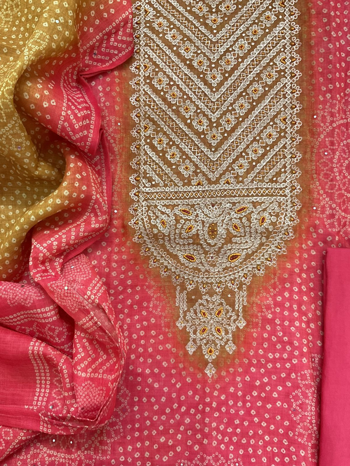 Soft Tissue Slub Cotton Printed Embroidered Suit - Peach