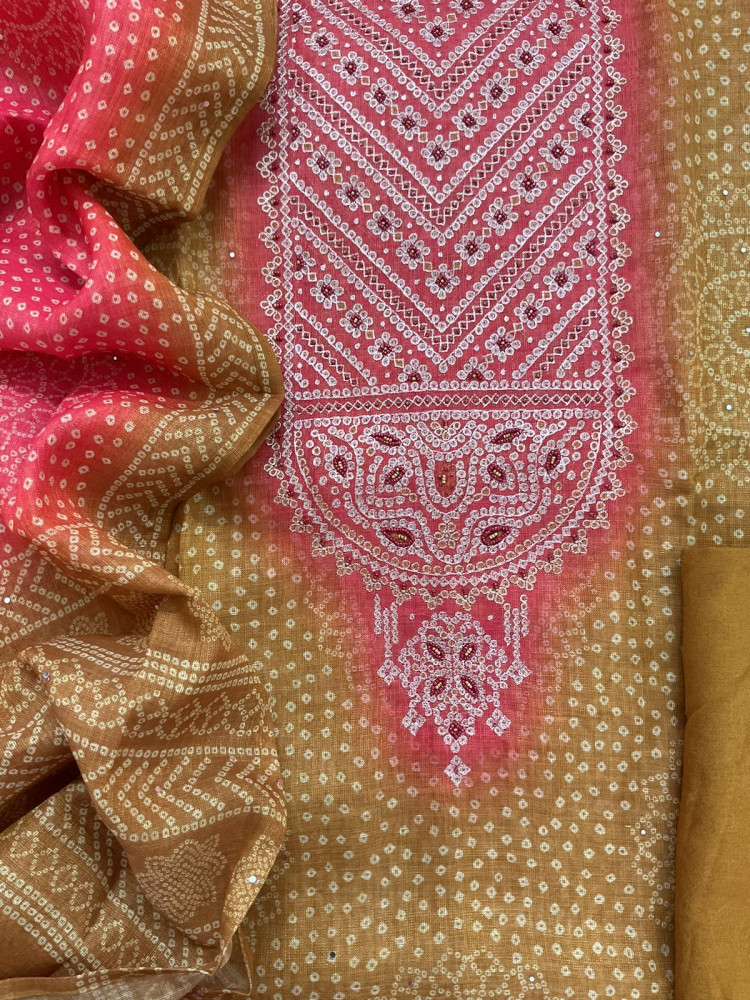 Image of Soft Tissue Slub Cotton Printed Embroidered Suit - Mustard