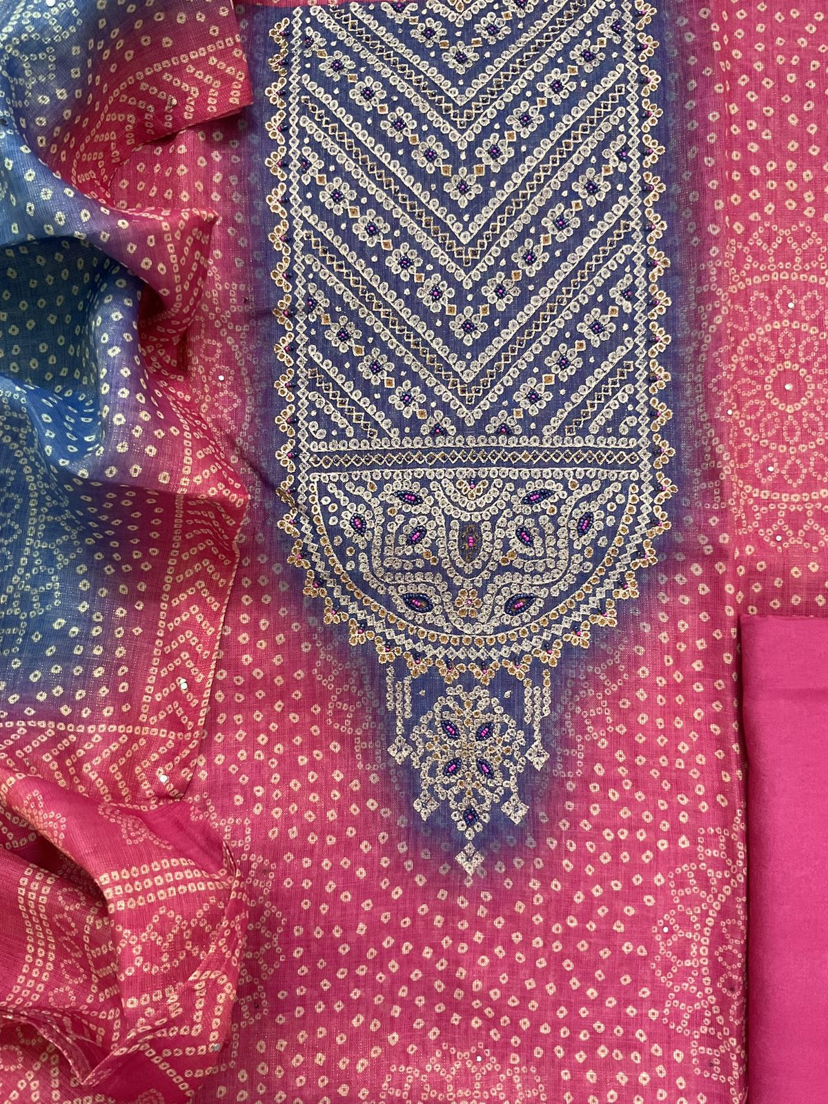 Soft Tissue Slub Cotton Printed Embroidered Suit - Pink