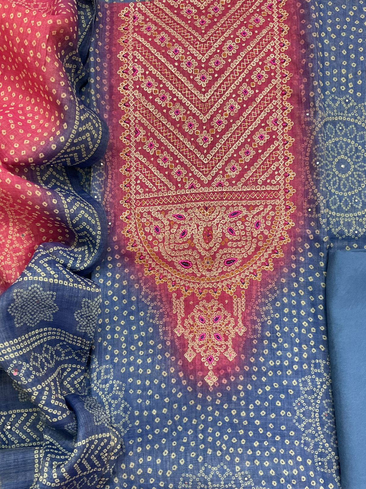 Soft Tissue Slub Cotton Printed Embroidered Suit - Blue