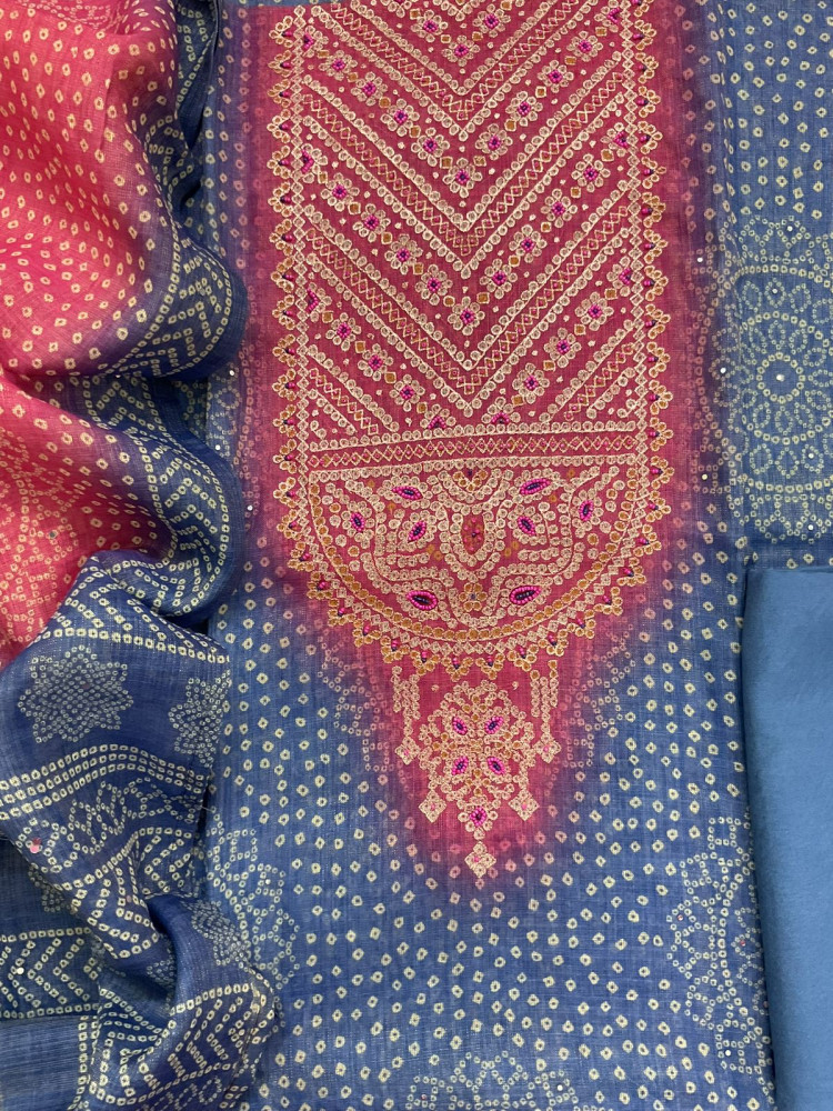 Image of Soft Tissue Slub Cotton Printed Embroidered Suit - Blue