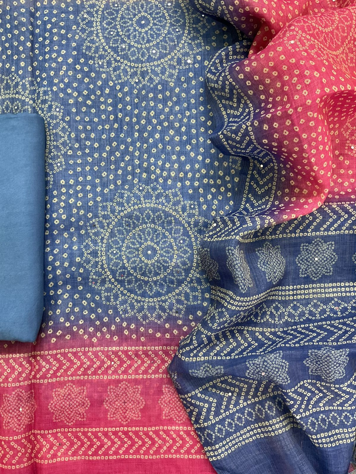 Soft Tissue Slub Cotton Printed Embroidered Suit - Blue