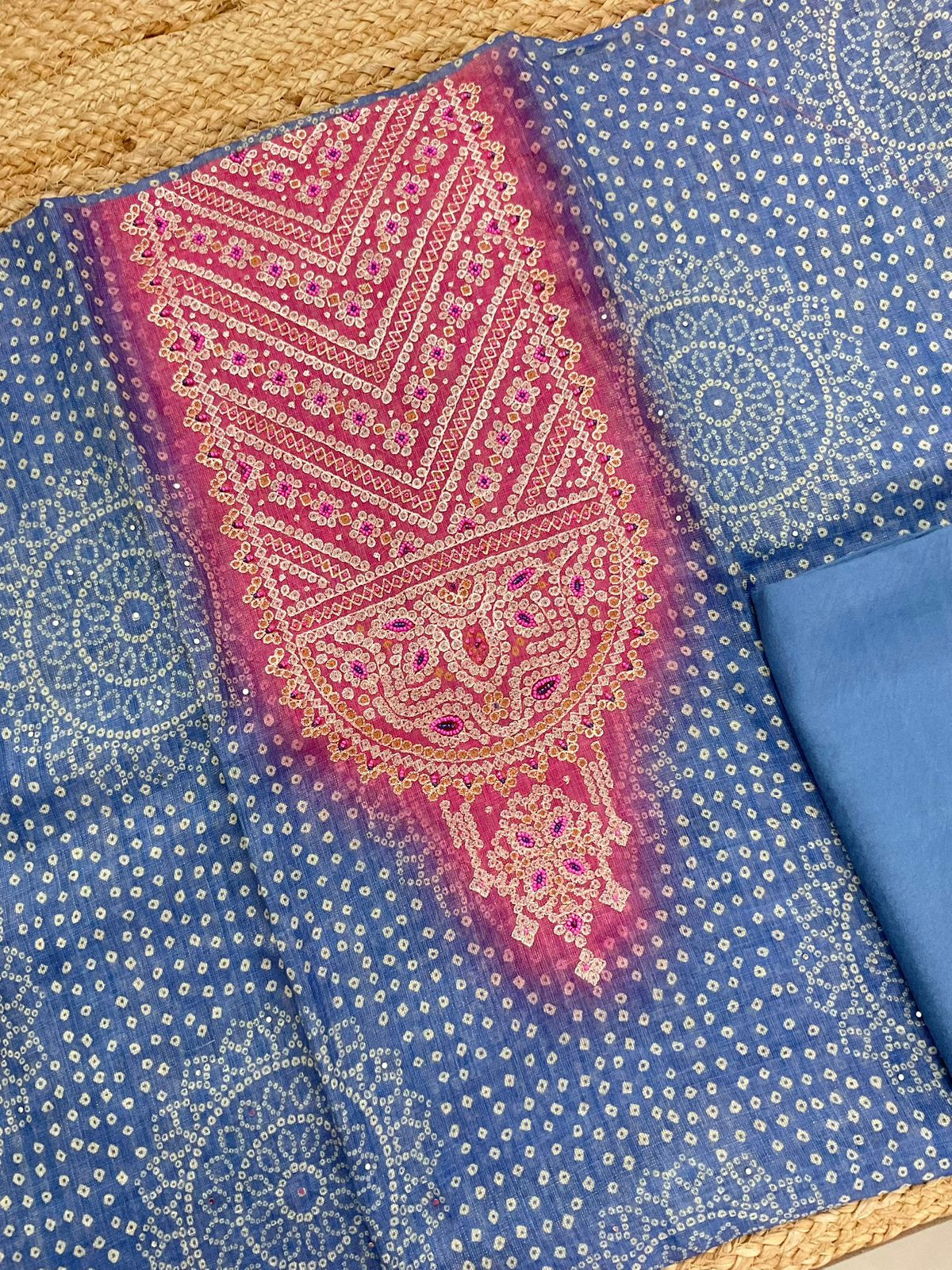 Soft Tissue Slub Cotton Printed Embroidered Suit - Blue