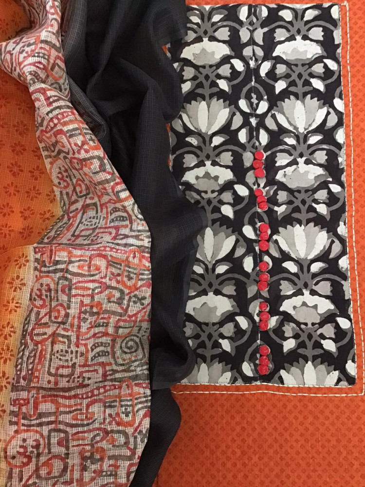 Image of Pure Handloom Cotton Self Weaved Embroidered Suit - Orange