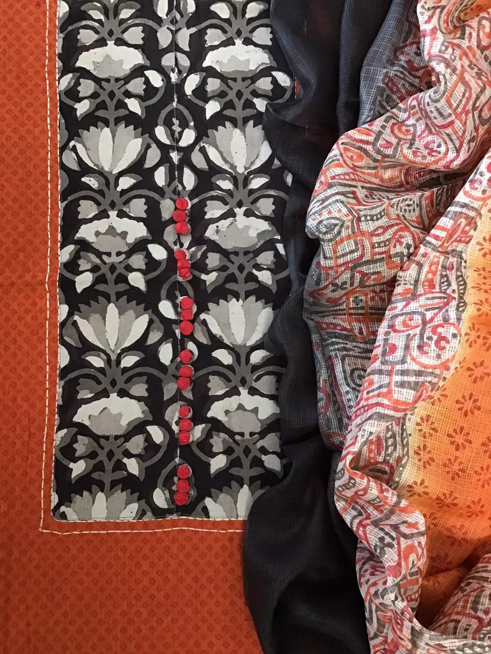 Pure Handloom Cotton Self Weaved Embroidered Suit - Orange