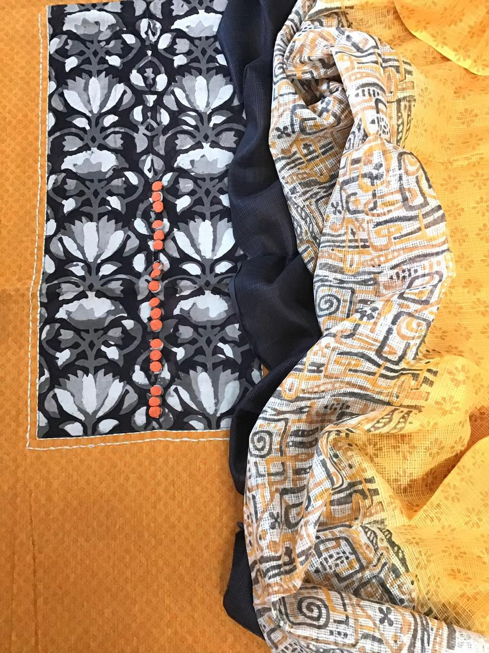 Pure Handloom Cotton Self Weaved Embroidered Suit - Yellow