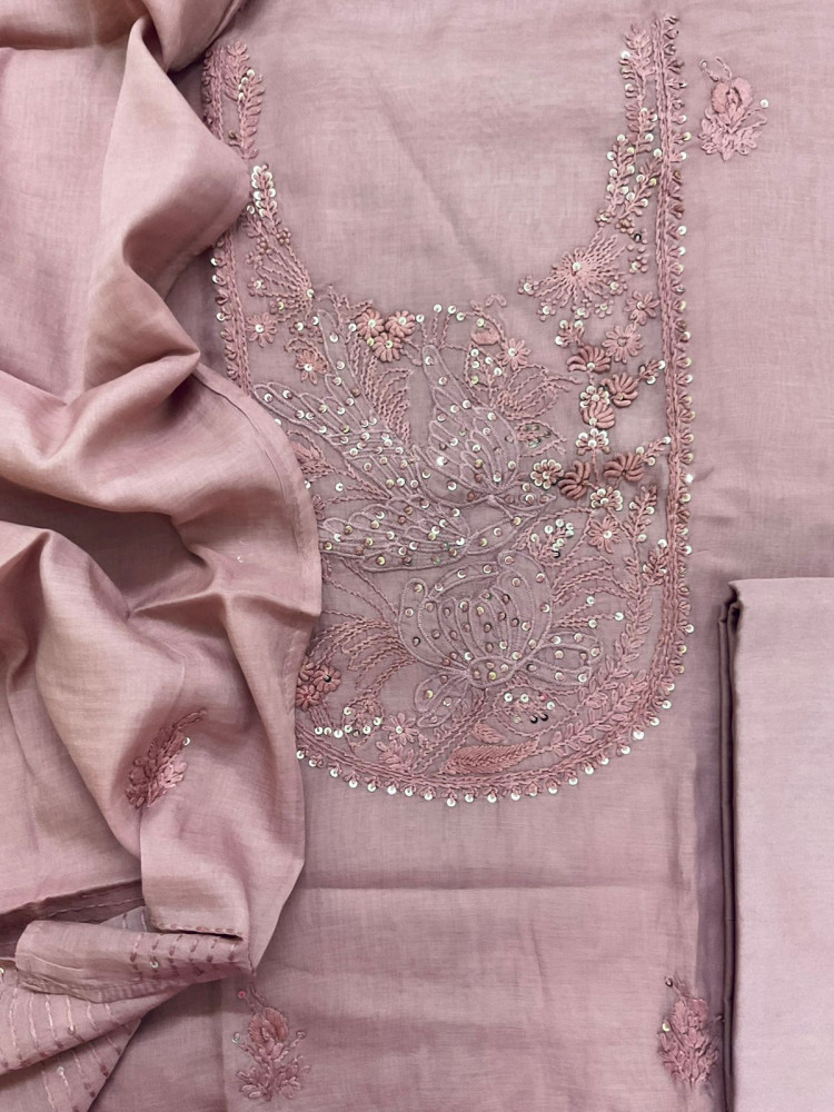 Image of Soft Chanderi Embroidered Suit - Onion Pink
