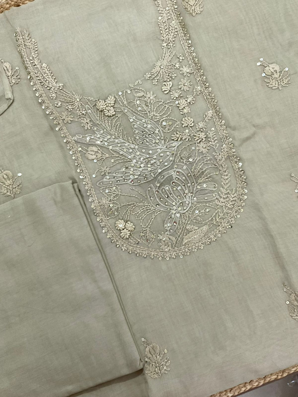 Soft Chanderi Embroidered Suit - Beigish Green