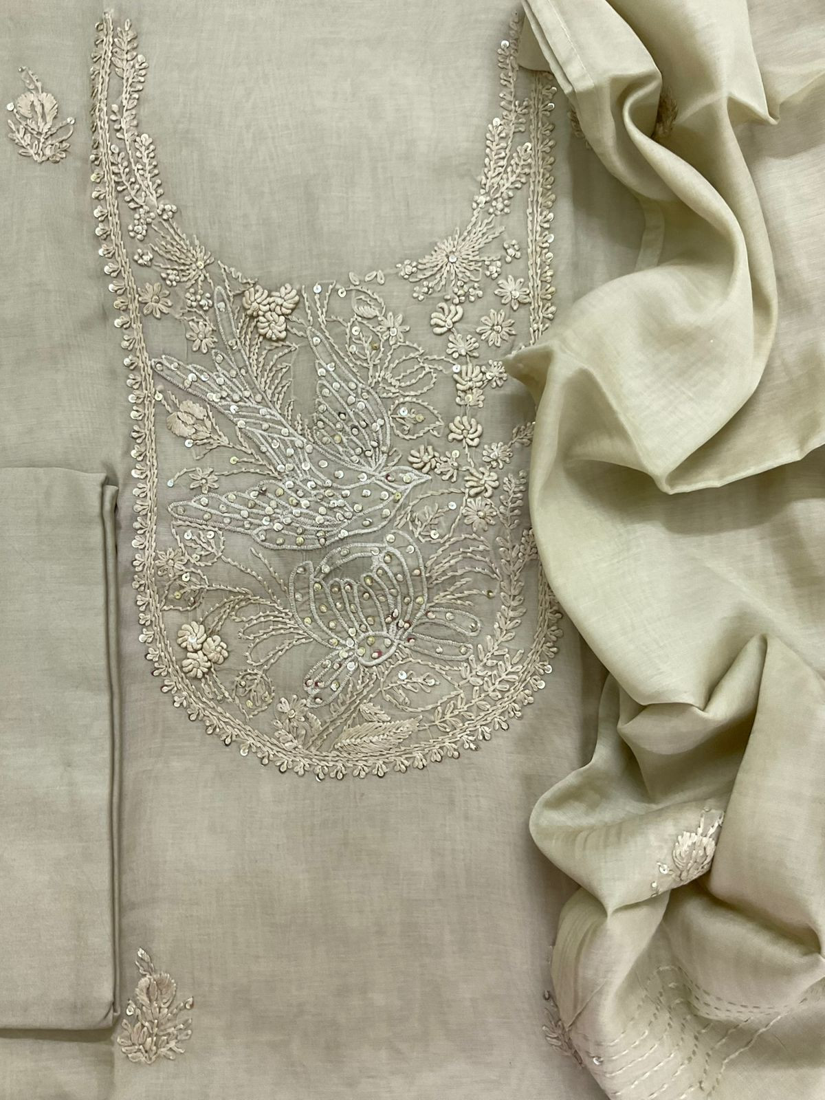 Soft Chanderi Embroidered Suit - Beigish Green