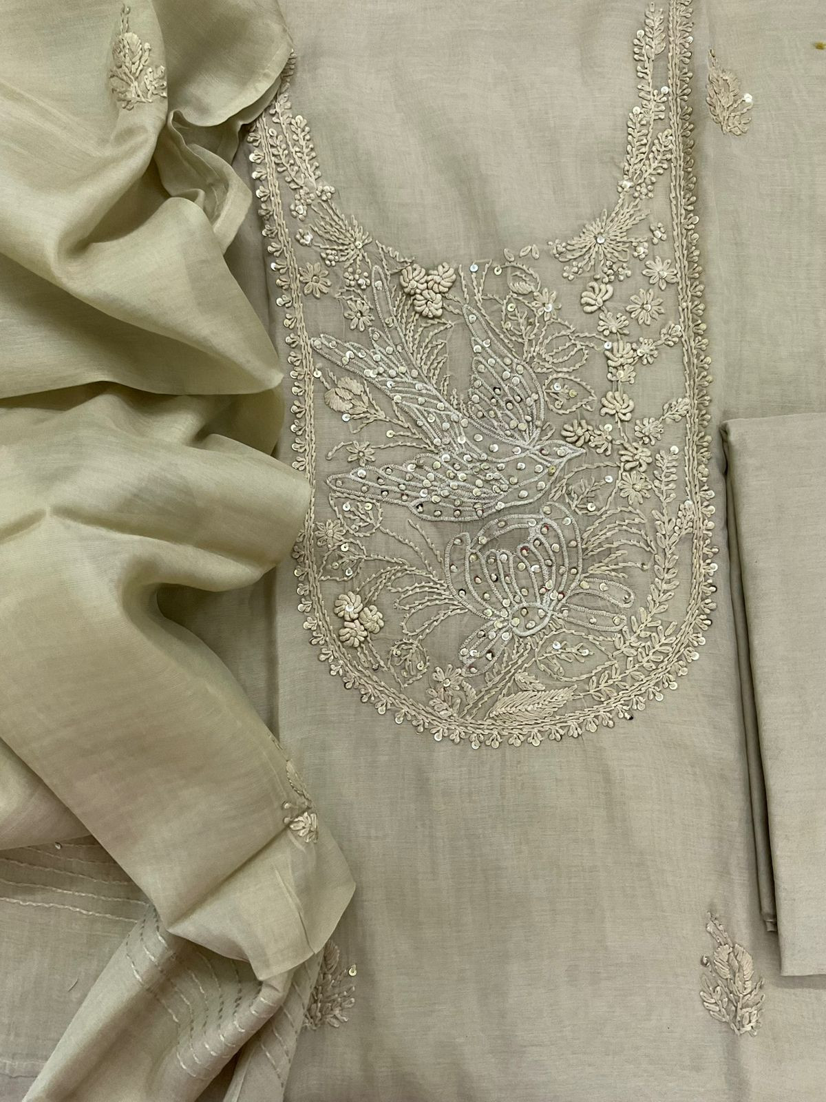 Soft Chanderi Embroidered Suit - Beigish Green
