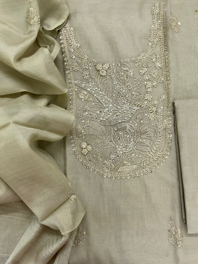 Image of Soft Chanderi Embroidered Suit - Beigish Green
