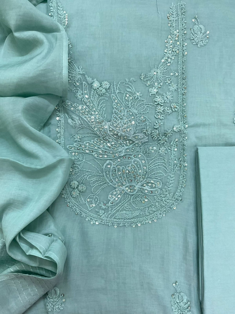Image of Soft Chanderi Embroidered Suit - Blue