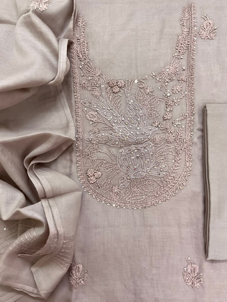 Image of Soft Chanderi Embroidered Suit - Lilac Beige