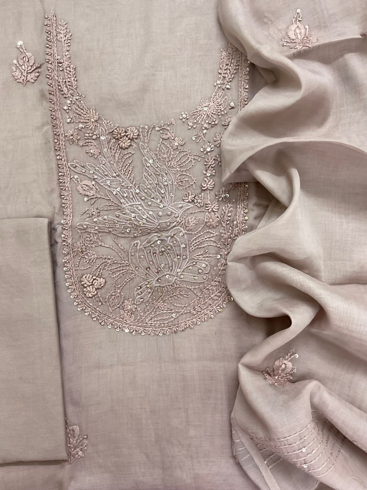 Soft Chanderi Embroidered Suit - Lilac Beige