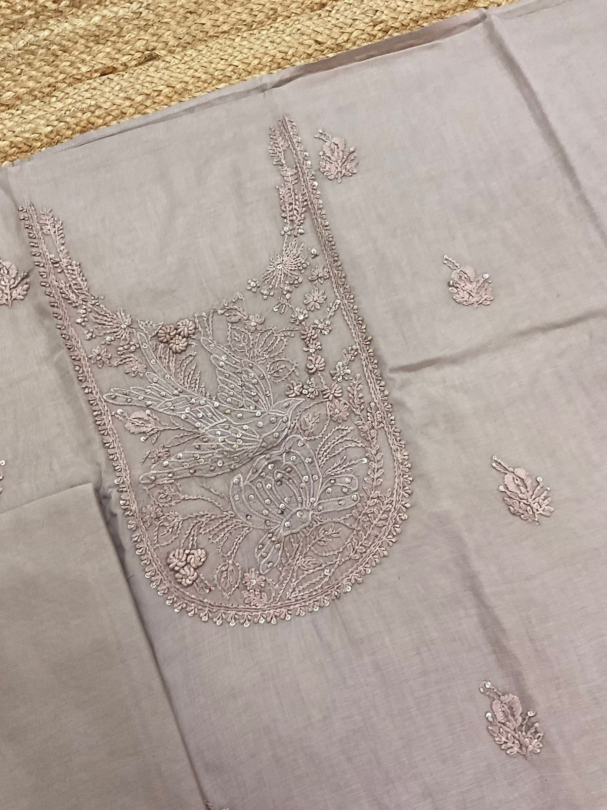 Soft Chanderi Embroidered Suit - Lilac Beige