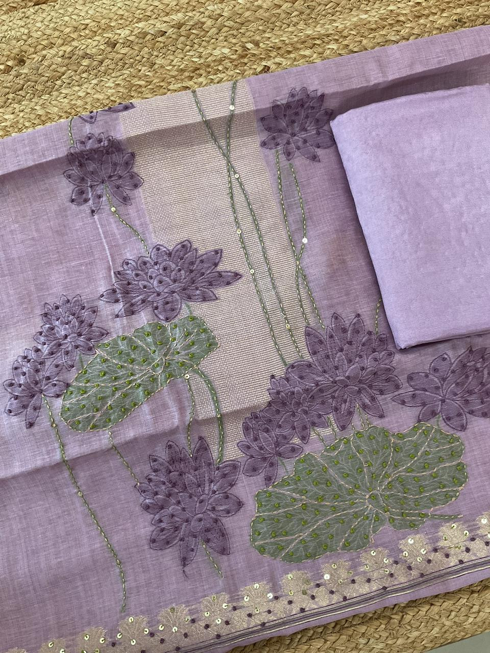 Soft Slub Chanderi Jamdani Weaved Embroidered Suit - Lavender