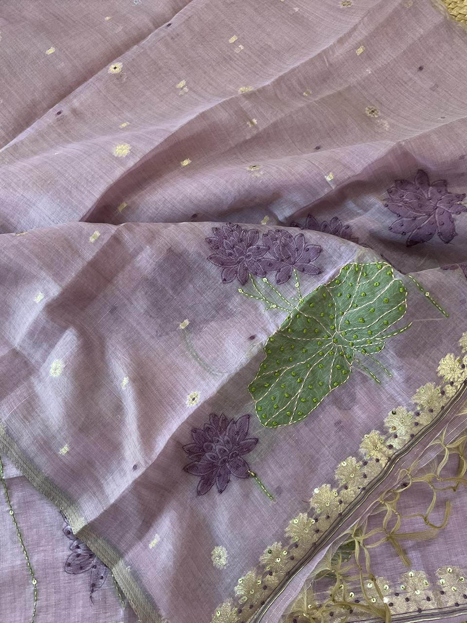 Soft Slub Chanderi Jamdani Weaved Embroidered Suit - Lavender