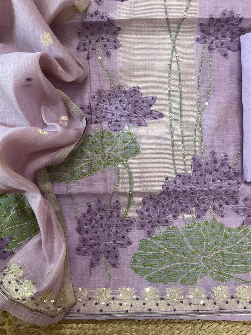Soft Slub Chanderi Jamdani Weaved Embroidered Suit - Lavender