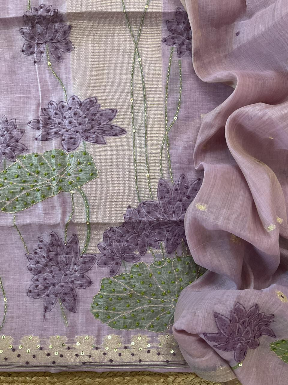 Soft Slub Chanderi Jamdani Weaved Embroidered Suit - Lavender
