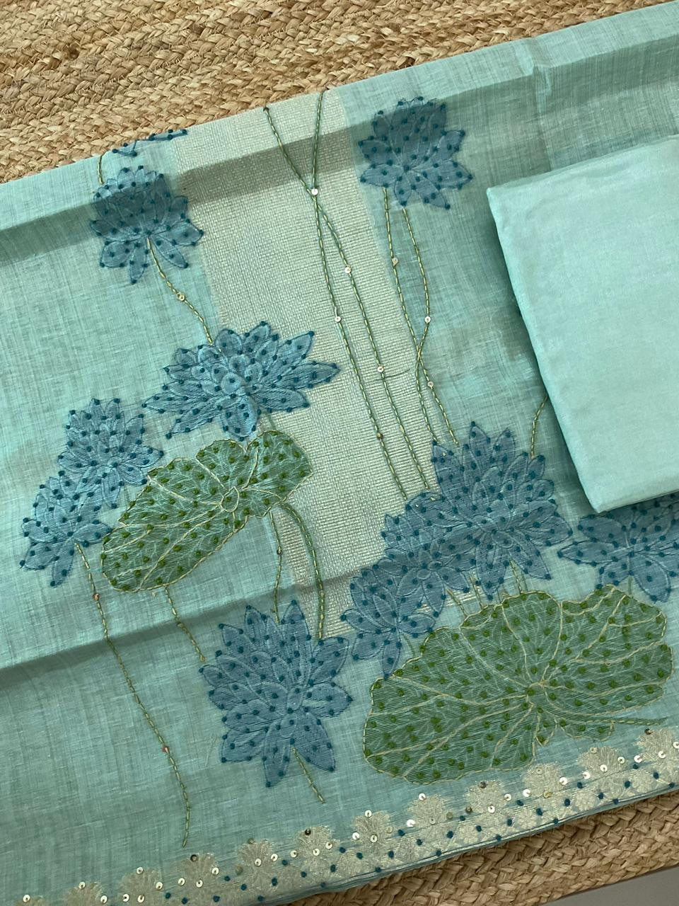 Soft Slub Chanderi Jamdani Weaved Embroidered Suit - Blue